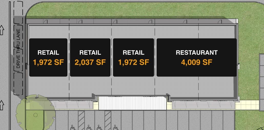 Elkhorn Point retail building suite plan as drawn: three retail suites of 1,972, 2,037 and 1,972 SF and a 4,009 SF restaurant end cap